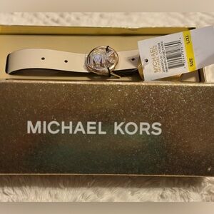 Michael Kors Cream Belt with Gold and studded MK Logo